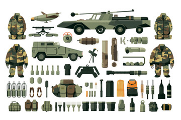 white background army equipment vector elements