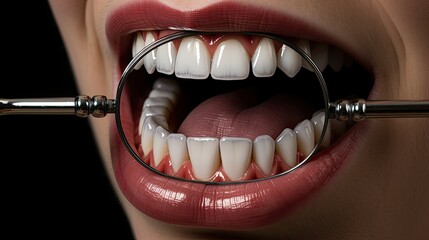 woman teeth and a dentist mouth  mirror - obrazy, fototapety, plakaty