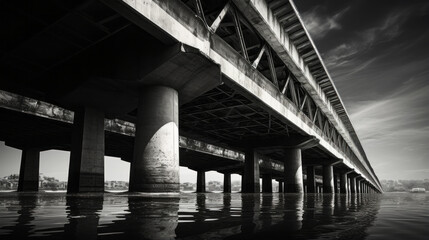 A black and white photograph of a bridge over a river - obrazy, fototapety, plakaty