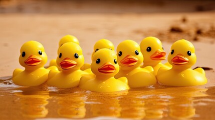 yellow rubber ducks on sand background