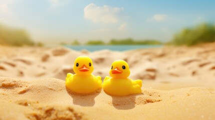 yellow rubber ducks on sand background