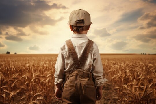 American farmer child boy. Corn farm. Generate Ai