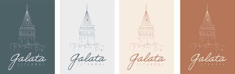 Naklejka premium Istanbul and Galata Tower line illustration vector, 4 different backgrounds. Translation: 