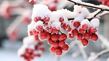 Winter frozen viburnum under snow. Viburnum in the snow. First snow. Beautiful winter nature - obrazy, fototapety, plakaty