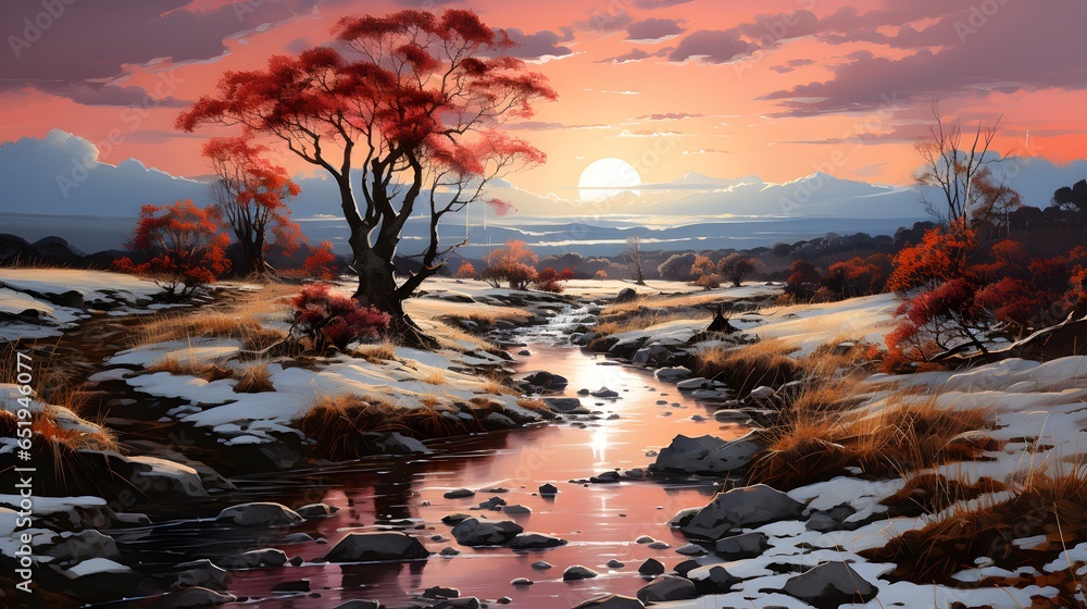 Wall mural winter park landscape in sunset scene, ai generative