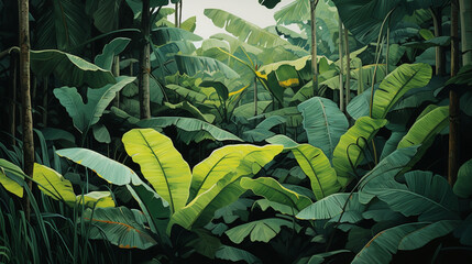 painting of banana leaves and trees in the forest