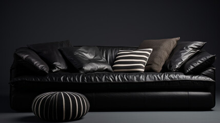 A black leather couch with a matching ottoman and a striped throw pillow