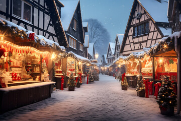 Christmas market at dusk. The market stalls are decorated with lights and festive decorations, creating an inviting atmosphere - obrazy, fototapety, plakaty