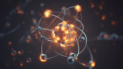Subatomic particles within the atom, a fundamental concept in physics, portrayed in a 3D-rendered image
