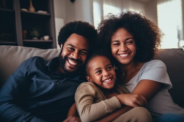 Portrait of happy mature couple with child relaxing on sofa at home. Middle aged black woman with husband and children smiling and looking at camera. beautiful family. - 651947847
