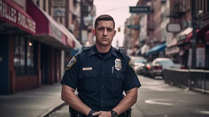 Poster American male police officer in uniform standing in an empty barricaded street © Brynjar