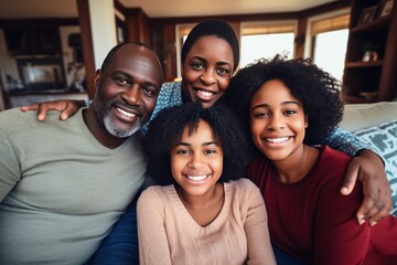 Portrait of happy mature couple with child relaxing on sofa at home. Middle aged black woman with husband and children smiling and looking at camera. beautiful family. - 651947851