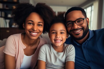 Portrait of happy mature couple with child relaxing on sofa at home. Middle aged black woman with husband and children smiling and looking at camera. beautiful family. - 651947854
