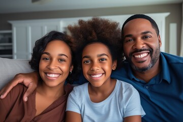 Portrait of happy mature couple with child relaxing on sofa at home. Middle aged black woman with husband and children smiling and looking at camera. beautiful family. - 651947862