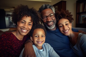Portrait of happy mature couple with child relaxing on sofa at home. Middle aged black woman with husband and children smiling and looking at camera. beautiful family. - 651947865