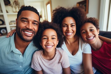 Portrait of happy mature couple with child relaxing on sofa at home. Middle aged black woman with husband and children smiling and looking at camera. beautiful family. - obrazy, fototapety, plakaty