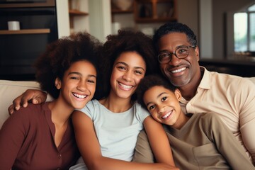 Portrait of happy mature couple with child relaxing on sofa at home. Middle aged black woman with husband and children smiling and looking at camera. beautiful family. - 651947880