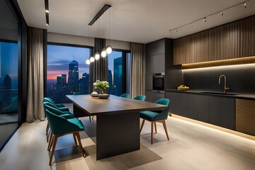 Fototapeta premium stylish luxury kitchen interior in an ultra-modern spacious apartment in dark colors with super cool led lighting and an island for cooking and a dining table area