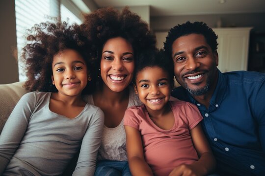 Portrait Of Happy Mature Couple With Child Relaxing On Sofa At Home. Middle Aged Black Woman With Husband And Children Smiling And Looking At Camera. Beautiful Family.