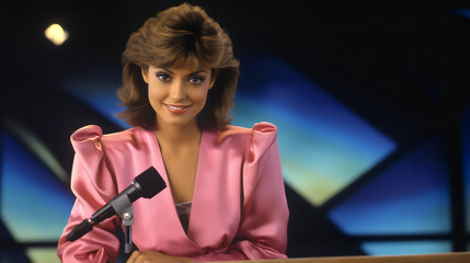retro female news anchor in studio in the 80s wearing pink puffy dress, portrait in workplace with...