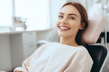 Close-up photo of a young smiling woman sitting in a chair in a dental office. She is waiting for the dentist for an oral procedure. Teeth whitening concept.