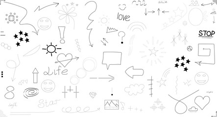 Doodle cute glitter pen line elements. Doodle heart, arrow, star, sparkle decoration symbol set icon. Simple sketch line style emphasis, attention, pattern elements. Vector illustration.