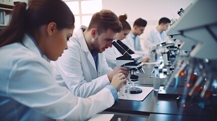 A cluster of university students conducting a microscope experiment in a science lab. - Powered by Adobe