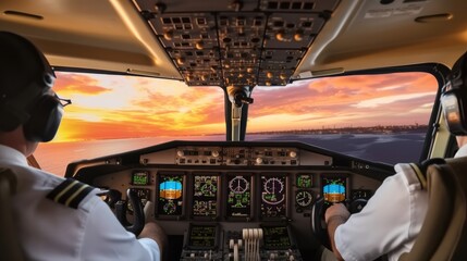 Fototapeta premium Two pilots in the cockpit of a modern passenger jet aircraft.