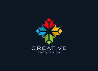 Abstract Cross and People Logo. Colorful Four People Shape Cross Icon isolated on Dark background. Flat Vector Logo Design Template Element.