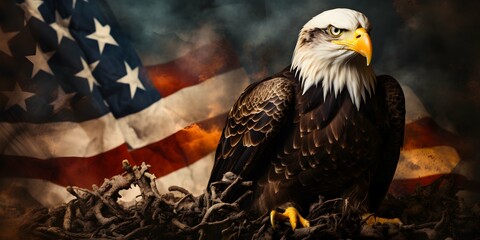 Bald eagle with america flag background, symbol of america, Ai Generated.