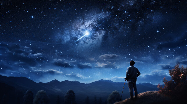 A man gazes at the night sky through an astronomy telescope, observing stars, planets, the Moon, and shooting stars