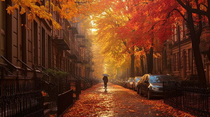 Fototapeta na wymiar A picturesque autumn street scene in the heart of the city neighborhood.