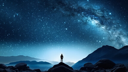 Beneath the Milky Way's graceful arch, a lone figure stands atop a mountain peak, surrounded by a star-studded night..