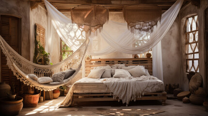 Fototapeta na wymiar A Bohemian bedroom with canopy netting, macrame wall hangings, a hammock chair, and a collection of global textiles