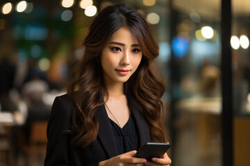 asian woman office worker standing using mobile,Young happy smiling professional Asian business woman manager.