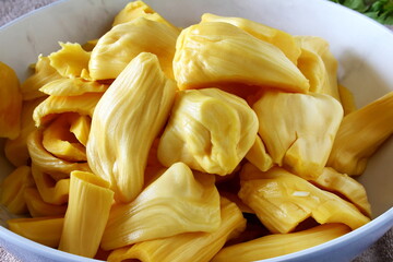 fresh ripe jackfruit or jakfruit fruit isolated in dish   