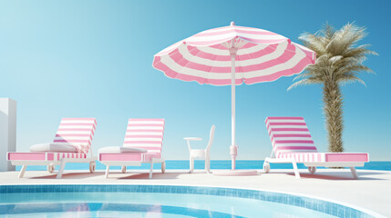 Fototapeta premium A bright blue pool is surrounded by white lounge chairs, with a pink and white striped umbrella at the center 