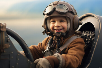Happy kid dressed as an airplane pilot in the cockpit of an airplane