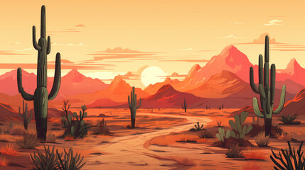 A panoramic illustration of a dusk in a barren desert area where only cactus trees grow. The light of the sunset makes the sky golden yellow. - obrazy, fototapety, plakaty
