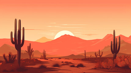 A panoramic illustration of a dusk in a barren desert area where only cactus trees grow. The light of the sunset makes the sky golden yellow.