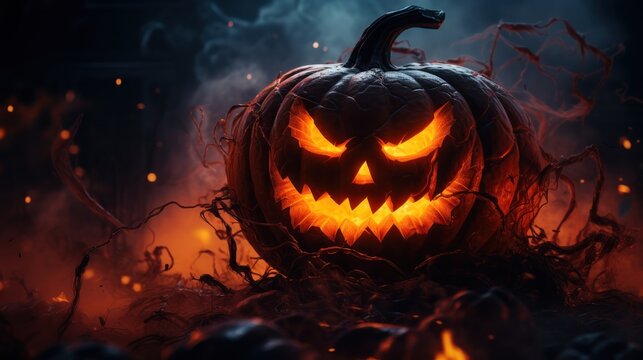 Jack-o'-lantern pumpkin in close-up, glowing in the dark, with wisps of smoke rising.