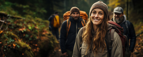 Fototapeta premium Smiling beautiful woman wear trekking clothes enjoy adventure, travelling with friends, hiking on mountains nature with backpack in autumn vacation, trip on weekend 