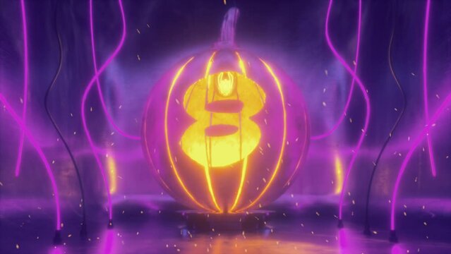 9 to 0 Halloween Countdown with Numbers Cut in Halloween Pumpkin Lamp of Hammered Metal In Neon light and Fire Sparkles. Trick or Treat Message at the End. 4K Dark Futuristic Scene.