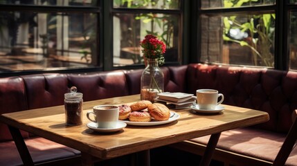 Fototapeta premium A cozy cafe with wooden tables, a chalkboard menu, and fresh pastries embodies the spirit of relaxed chats and fragrant coffee.