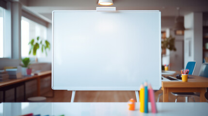 Close-up view of a whiteboard with a single eraser and vibrant markers.