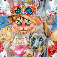 Fototapeta premium Seamless pattern of of dog, guinea pig, cat, mini pig and rat. Watercolor pets illustration. Watercolor hand drawn illustration
