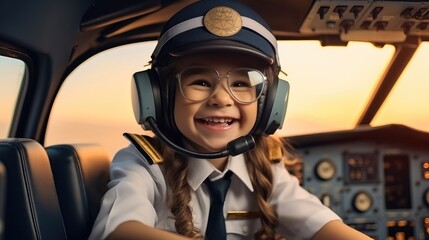 Happy little girl dressed as airline pilot in the cockpit of airliner, Air travel.
