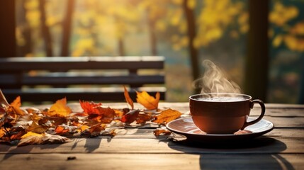 Steam rising from a tea cup on a wooden table surrounded by fallen leaves.