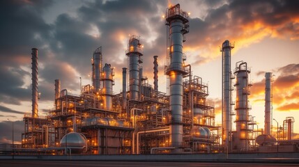 Fototapeta premium Petrochemical Plant Illuminated at Dusk.