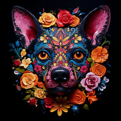 Day of the Dead, Dia de los muertos Mexican dog face in flowers.   - 651953614